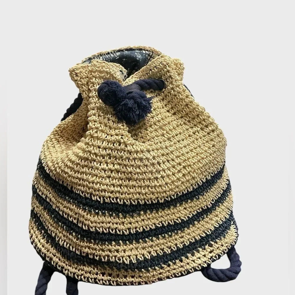 Cynthia Rowley Straw Drawstring Backpack Cream Navy Woven Boho Bag